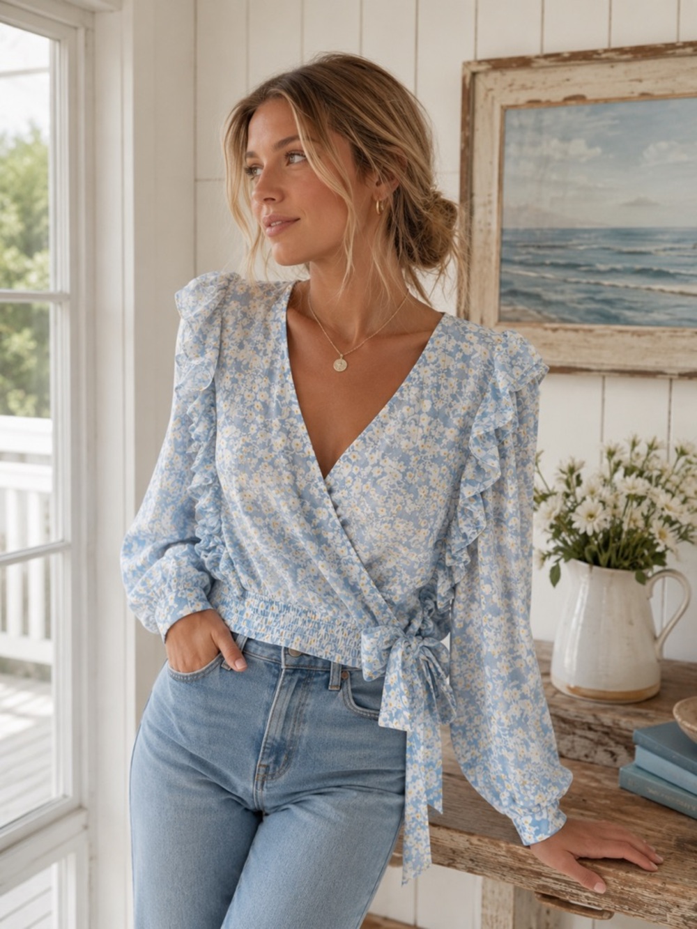 California Moonrise Blue Floral Wrap Blouse with Ruffle Details